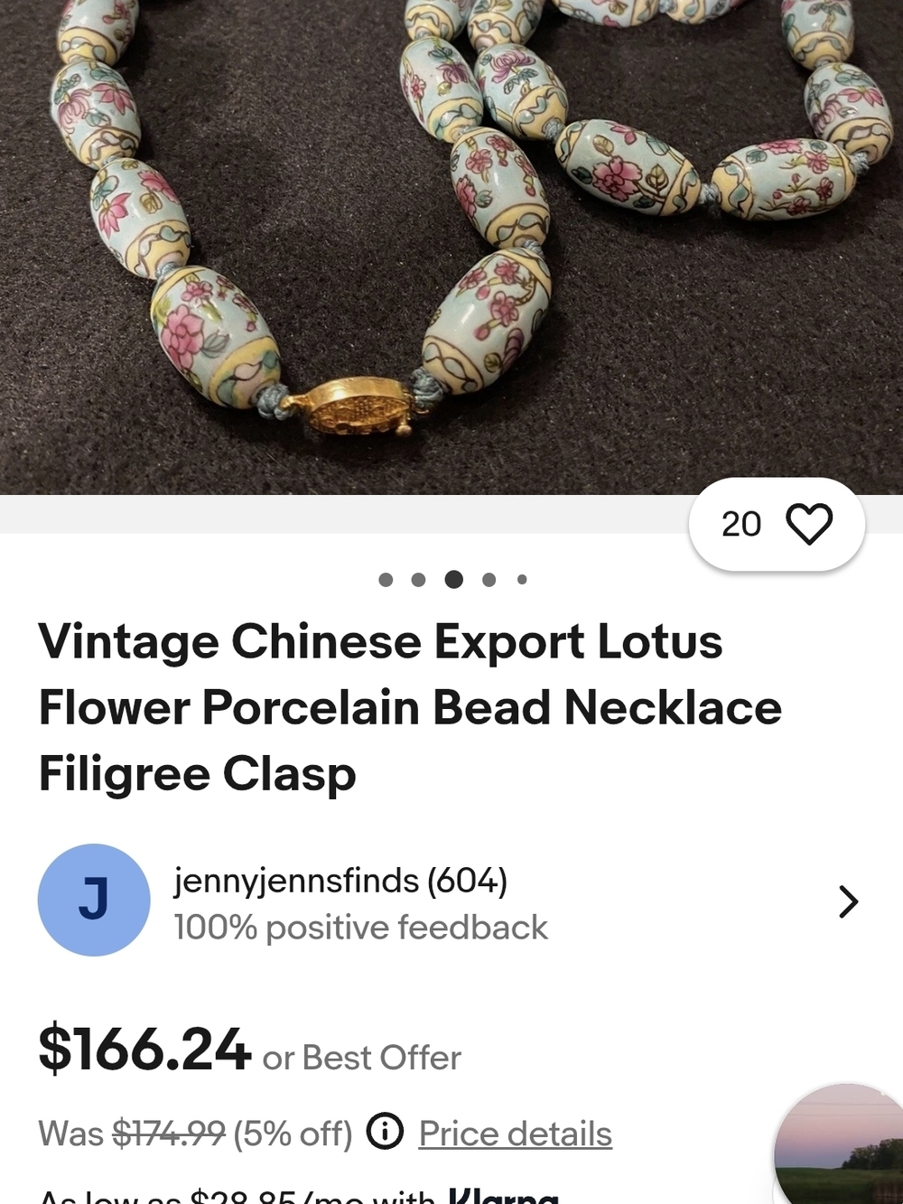 Vintage Porcelain Lotus Flower Bead Necklace with Filigree Clasp